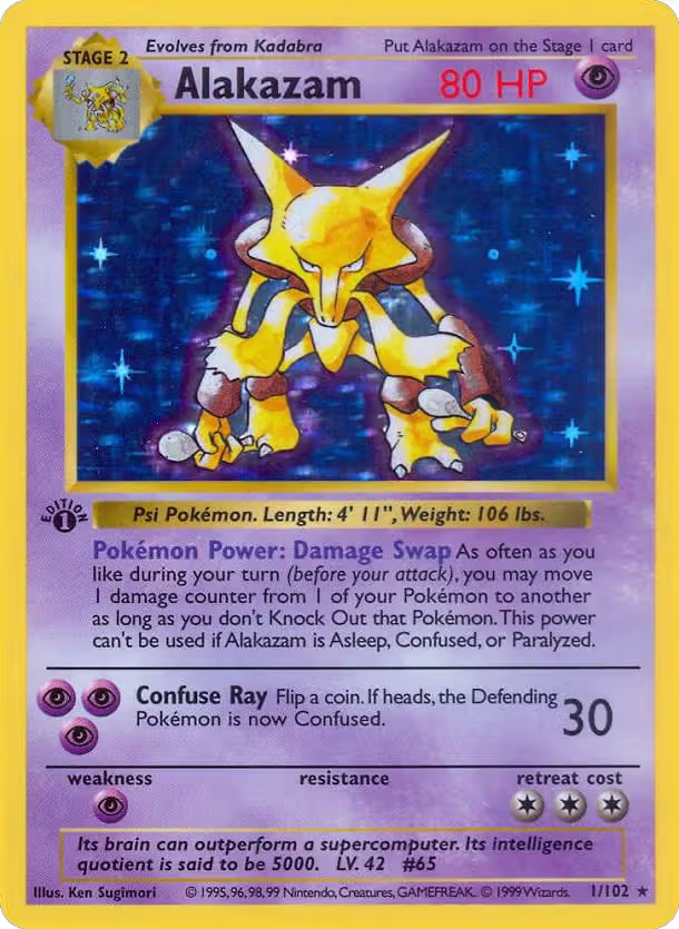 Alakazam (001/102), Base Set (Shadowless) — Pokémon card price