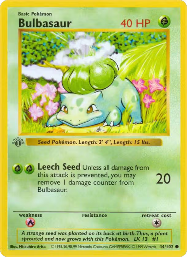 Bulbasaur (044/102), Base Set (Shadowless) — Pokémon card price