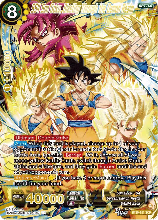 SS4 Son Goku, Blasting Through the Demon Realm (SCR) (BT30-151), Three Glorious Fighters — DB Super card price