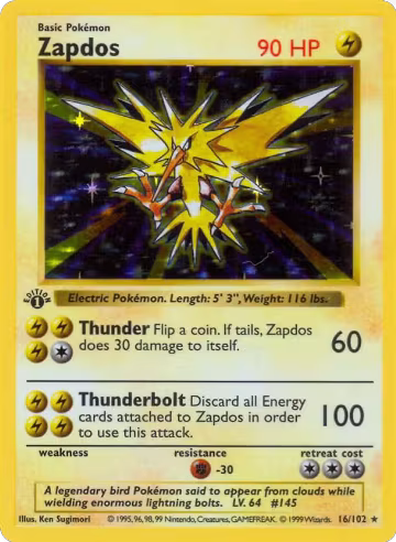 Zapdos (016/102), Base Set (Shadowless) — Pokémon card price