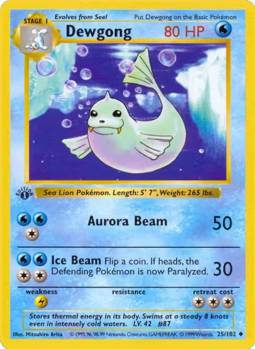 Dewgong (025/102), Base Set (Shadowless) — Pokémon card price