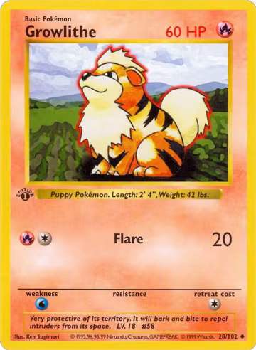 Growlithe (028/102), Base Set (Shadowless) — Pokémon card price