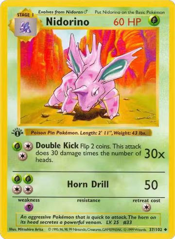 Nidorino (037/102), Base Set (Shadowless) — Pokémon card price