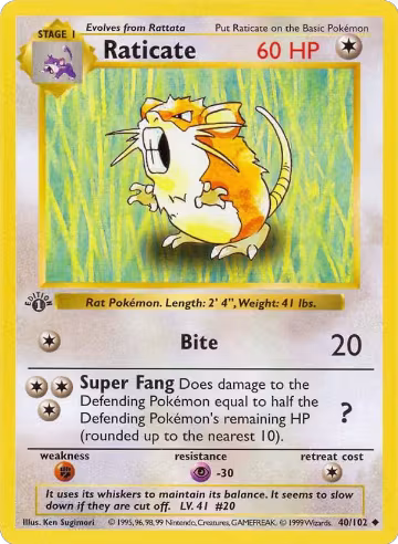Raticate (040/102), Base Set (Shadowless) — Pokémon card price