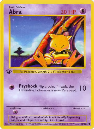 Abra (043/102), Base Set (Shadowless) — Pokémon card price