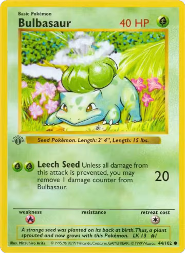 Bulbasaur (044/102), Base Set (Shadowless) — Pokémon card price
