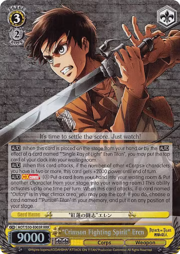 "Crimson Fighting Spirit" Eren (RRR) (AOT/S50-E003R RRR), Attack on Titan Vol. 2 — Weiß Schwarz card price