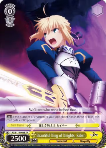 Beautiful King of Knights, Saber (Alternate Art Promo) (FZ/S17-E006PR PR), Fate/Zero — Weiß Schwarz card price
