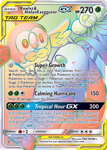 Rowlet & Alolan Exeggutor GX (Secret) (237/236), SM - Unified Minds — Pokémon card price