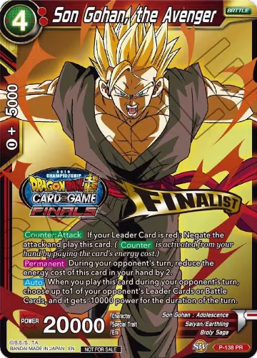 Son Gohan, the Avenger (Championship Final 2019) (Finalist) (P-138), Tournament Promotion Cards — DB Super card price