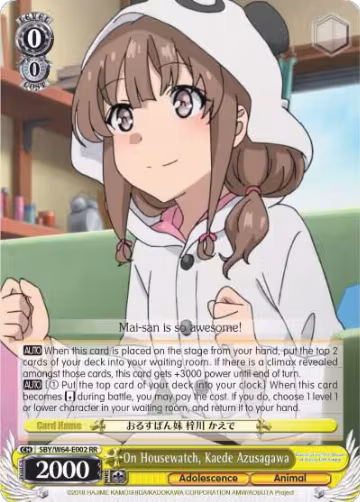 On Housewatch, Kaede Azusagawa (SBY/W64-E002 RR), Rascal Does Not Dream of Bunny Girl Senpai — Weiß Schwarz card price