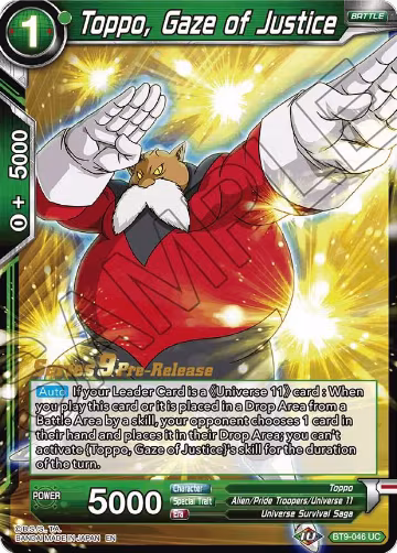 Toppo, Gaze of Justice (BT9-046), Universal Onslaught Pre-Release Cards — DB Super card price