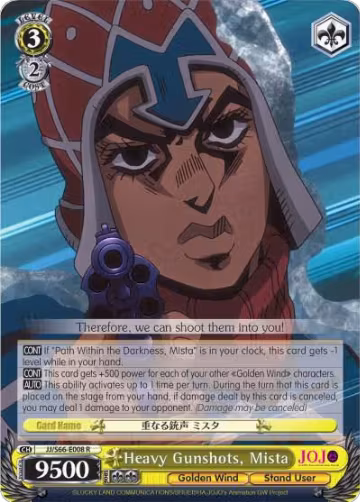 Heavy Gunshots, Mista (JJ/S66-E008 R), JoJo's Bizarre Adventure: Golden Wind — Weiß Schwarz card price