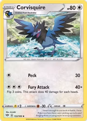 Corvisquire (155/189), Darkness Ablaze — Pokémon card price