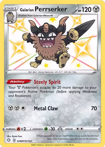 Galarian Perrserker (SV087/SV122), Shining Fates: Shiny Vault — Pokémon card price