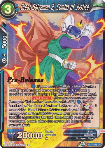 Great Saiyaman 2, Combo of Justice (BT14-048), Cross Spirits Pre-Release Cards — DB Super card price