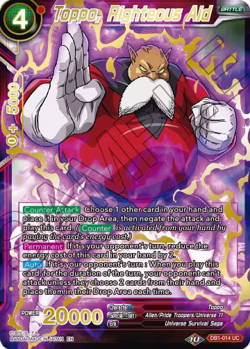 Toppo, Righteous Aid (Gold Stamped) (DB1-014), Mythic Booster — DB Super card price