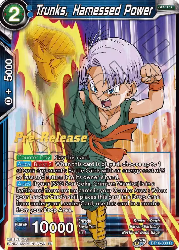 Trunks, Harnessed Power (BT16-033), Realm of the Gods Pre-Release Cards — DB Super card price