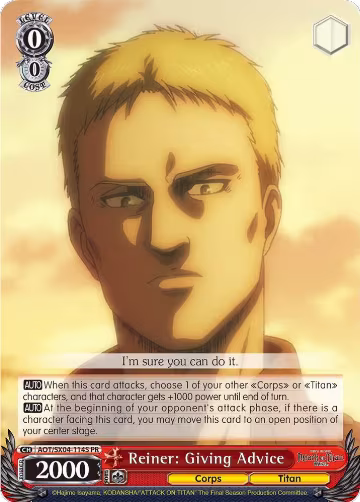 Reiner: Giving Advice (Foil) (AOT/SX04-114S PR), Attack On Titan: Final Season — Weiß Schwarz card price
