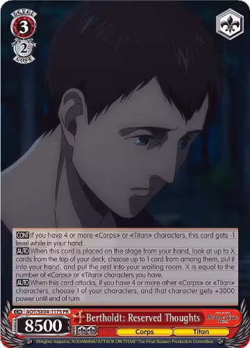 Bertholdt: Reserved Thoughts (Foil) (AOT/SX04-117S PR), Attack On Titan: Final Season — Weiß Schwarz card price