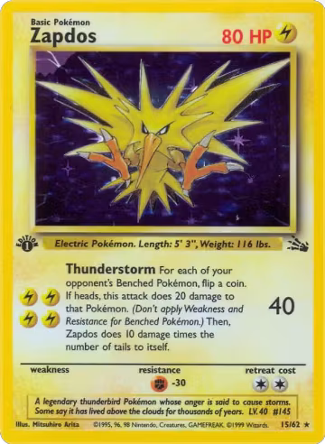Zapdos (15) (15/62), Fossil — Pokémon card price