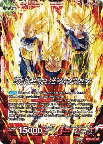 Son Goku & Vegeta & Trunks // SS Son Goku, SS Vegeta, & SS Trunks, the Ultimate Team (Fighter's Ambition Holiday Pack) (BT19-001), Tournament Promotion Cards — DB Super card price