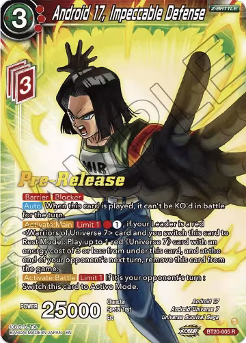 Android 17, Impeccable Defense (BT20-005), Power Absorbed Pre-Release Cards — DB Super card price