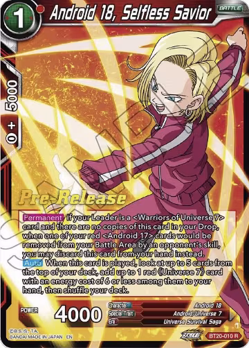 Android 18, Selfless Savior (BT20-010), Power Absorbed Pre-Release Cards — DB Super card price
