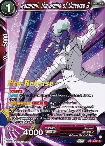 Paparoni, the Brains of Universe 3 (BT20-013), Power Absorbed Pre-Release Cards — DB Super card price