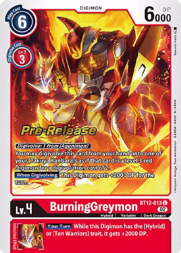 BurningGreymon (BT12-013 U), Across Time Pre-Release Cards — Digimon card price