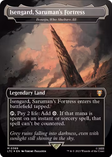 Isengard, Saruman's Fortress - Boseiju, Who Shelters All (Borderless) (Surge Foil) (389), Commander: The Lord of the Rings: Tales of Middle-earth — Magic card price