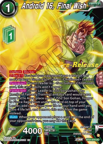 Android 16, Final Wish (BT21-074), Wild Resurgence Pre-Release Cards — DB Super card price