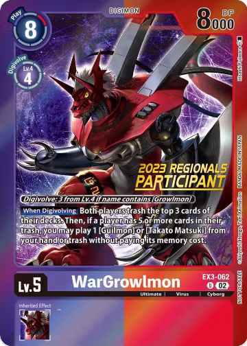 WarGrowlmon (2023 Regionals Participant) (EX3-062 U), Draconic Roar — Digimon card price