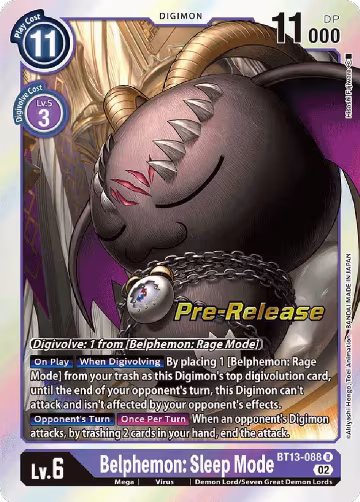 Belphemon: Sleep Mode (BT13-088 R), Versus Royal Knights Pre-Release Cards — Digimon card price