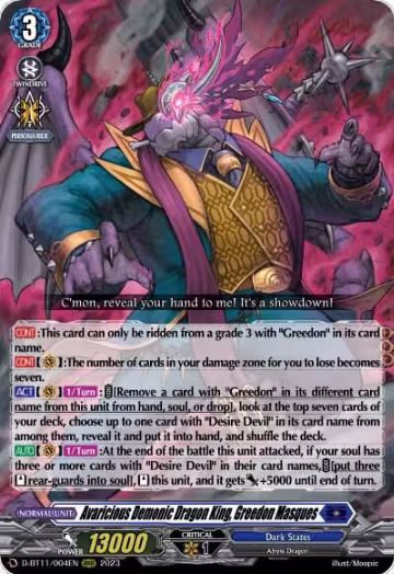 Avaricious Demonic Dragon King, Greedon Masques (D-BT11/004EN), D-BT11: Clash of the Heroes — Vanguard card price