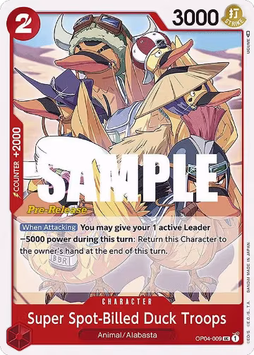 Super Spot-Billed Duck Troops (OP04-009), Kingdoms of Intrigue Pre-Release Cards — One Piece card price