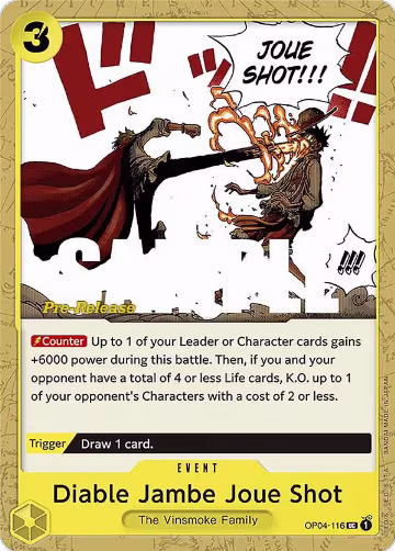 Diable Jambe Joue Shot (OP04-116), Kingdoms of Intrigue Pre-Release Cards — One Piece card price