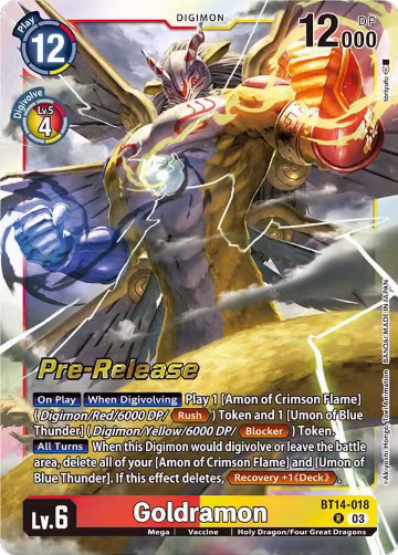 Goldramon (BT14-018 R), Blast Ace Pre-Release Cards — Digimon card price
