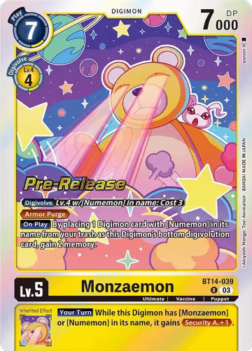Monzaemon (BT14-039 R), Blast Ace Pre-Release Cards — Digimon card price