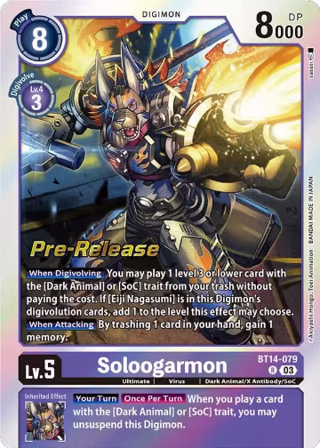 Soloogarmon (BT14-079 R), Blast Ace Pre-Release Cards — Digimon card price