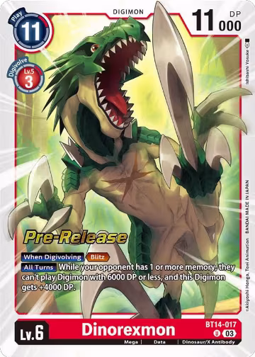 Dinorexmon (BT14-017 U), Blast Ace Pre-Release Cards — Digimon card price