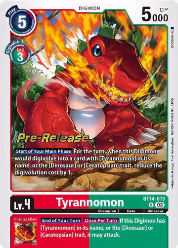 Tyrannomon (BT14-013 U), Blast Ace Pre-Release Cards — Digimon card price