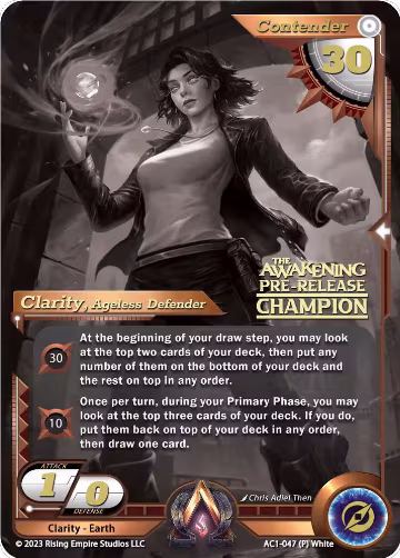 Clarity, Ageless Defender (Pre-Release Champion) (AC1-047), The Awakening — Alpha Clash card price