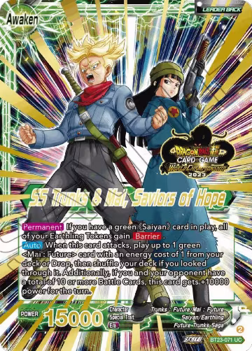 Trunks & Mai // SS Trunks & Mai, Saviors of Hope (2023 Worlds ZENKAI 06 Leader Set) (BT23-071), Tournament Promotion Cards — DB Super card price