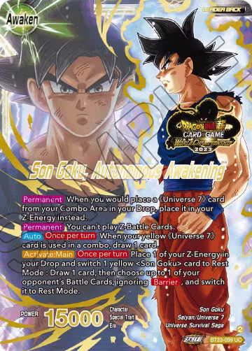 SSB Son Goku // Son Goku, Autonomous Awakening (2023 Worlds ZENKAI 06 Leader Set) (BT23-099), Tournament Promotion Cards — DB Super card price