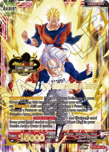 Son Gohan & Trunks // SS Son Gohan & Trunks, Warriors Meeting a Challenge (2023 Worlds ZENKAI 06 Leader Set) (BT23-001), Tournament Promotion Cards — DB Super card price