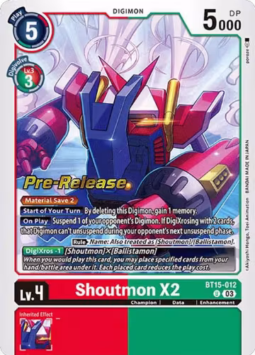 Shoutmon X2 (BT15-012 U), Exceed Apocalypse Pre-Release Cards — Digimon card price