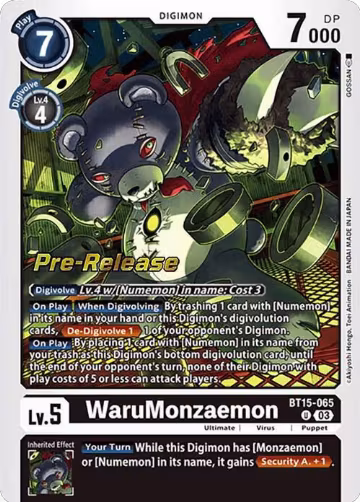 WaruMonzaemon (BT15-065 U), Exceed Apocalypse Pre-Release Cards — Digimon card price