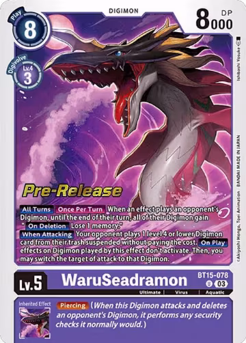 WaruSeadramon (BT15-078 U), Exceed Apocalypse Pre-Release Cards — Digimon card price