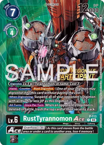 RustTyrannomon ACE - P-113 (2024 Regionals Participant) (P-113 P), Digimon Promotion Cards — Digimon card price